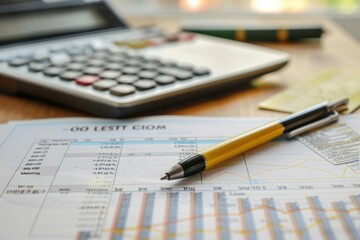 Fototapeta premium Business concept with pen, calculator, and credit card on financial report, suggesting analysis and planning