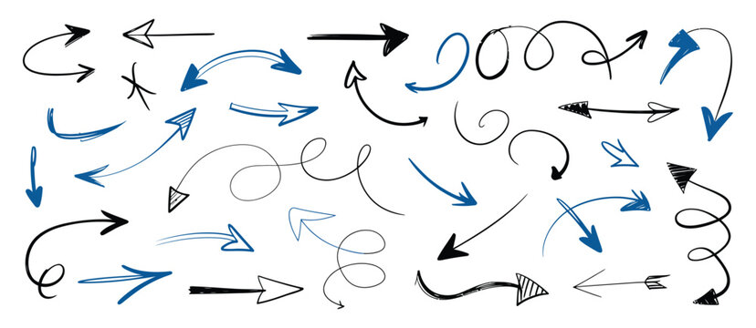 Arrow icon set for infographic note direction planning, diagram, target concepts, blue head arrows collection, navigation symbols, flow indicators, modern minimal vector design for presentations