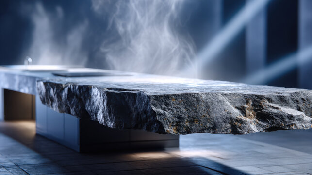 Stone countertop raw stone modern kitchen steam spotlight minimal design industrial style natural texture interior luxury decor Raw stone countertop modern kitchen with steam rising spotlight