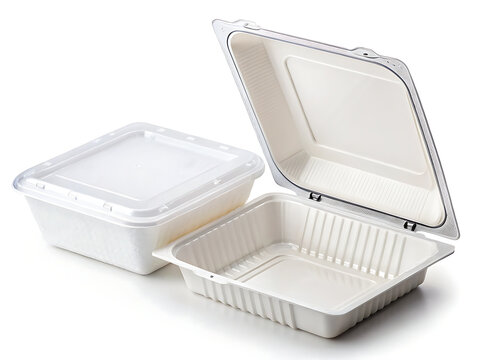 Empty transparent packaging clamshell box, blank plastic container, isolated on white background