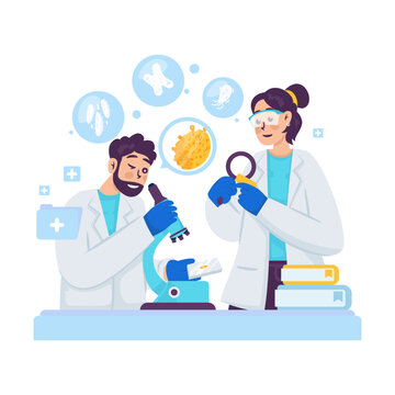Two Scientists Observing Microorganisms with Microscope in Laboratory Vector Illustration