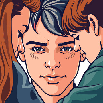 Pop art illustration of a woman face with two people beside her