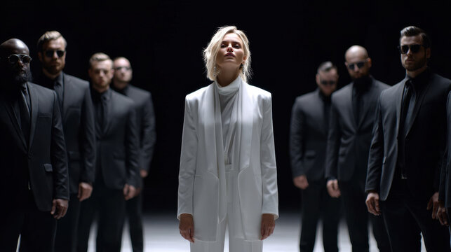 Confident woman white suit bodyguard security team leadership power modern fashion sunglasses dark background spotlight Confident woman white suit stands spotlight with serious security team dark