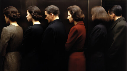 Fototapeta premium Vintage office fashion retro hairstyle formal clothing business queue serious expression muted color indoor side profile 1940s style classic elegance tight elevator line tension and quiet