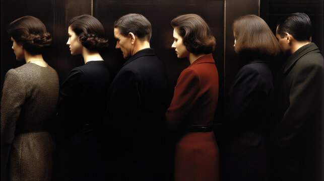 Vintage office fashion retro hairstyle formal clothing business queue serious expression muted color indoor side profile 1940s style classic elegance tight elevator line tension and quiet