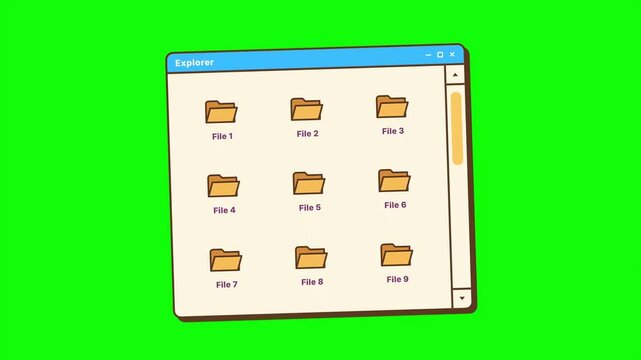 Digital file management system window, cartoon style, displaying multiple folders within a file explorer interface on a green screen background