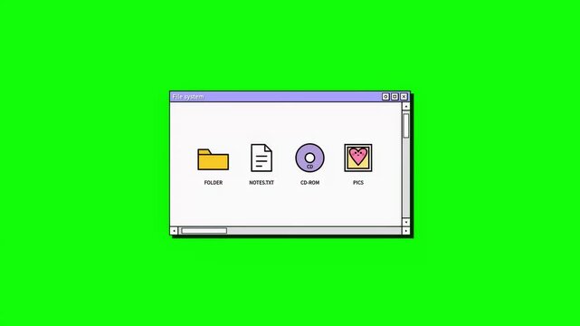 Retro computer window with icons for folder, document, CD, and email on a bright green screen background, representing digital data and old technology