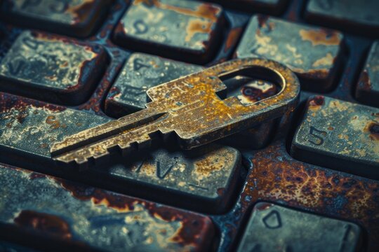 Rusty key resting on rusty keyboard, symbolizing outdated security measures and digital vulnerabilities