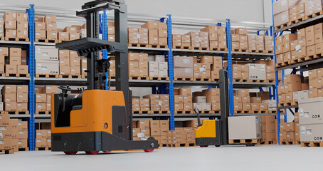 Warehouse Scene with High Shelves and Reach Fork Track. Logistics Concept. 3D illustration © GraphicCompressor