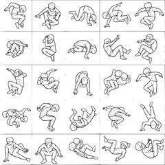 Fototapeta premium Action pose character sketches, set of 25 dynamic figure drawing references, hand-drawn person line art in various movement positions, EPS vector