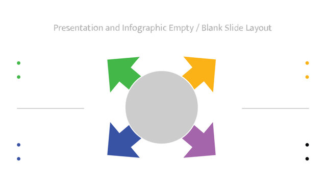 Central grey circle with four outward pointing colorful arrows for a blank infographic presentation slide