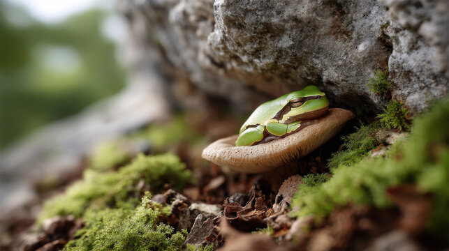 Green frog mushroom moss rock forest nature wildlife amphibian macro detail resting mushroom rock ledge with soft focus forest background, peaceful natural wildlife scene woodland habitat