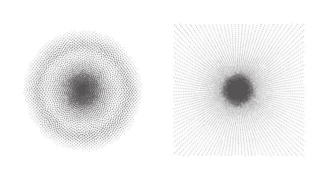 Two abstract grey dot patterns radiating from dark centers white dots radial