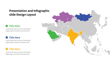 Naklejka premium Colorful map of Asian continent with highlighted countries for presentation slide layout