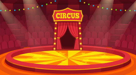 Cartoon circus arena. Empty ring stage Inside cirque tent dome, carnival show interior scene background amusement performance audience spotlight qualitative vector illustration © ssstocker