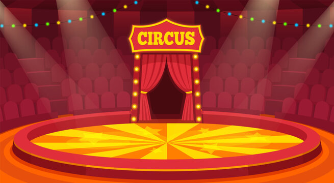 Cartoon circus arena. Empty ring stage Inside cirque tent dome, carnival show interior scene background amusement performance audience spotlight qualitative vector illustration