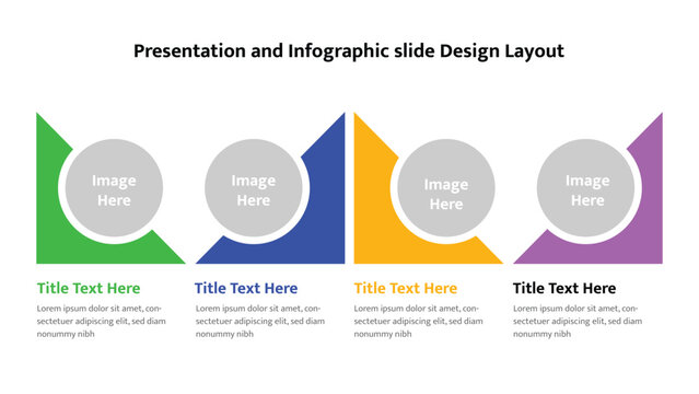 Colorful presentation slide template showing four sequential image placeholders and text descriptions