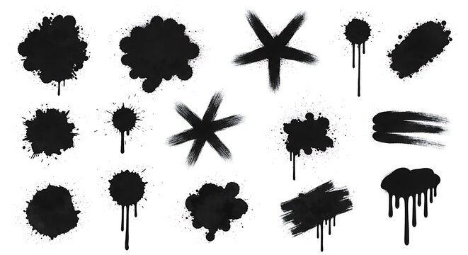 Black ink splatters and brush strokes in various shapes and sizes vector graphic design
