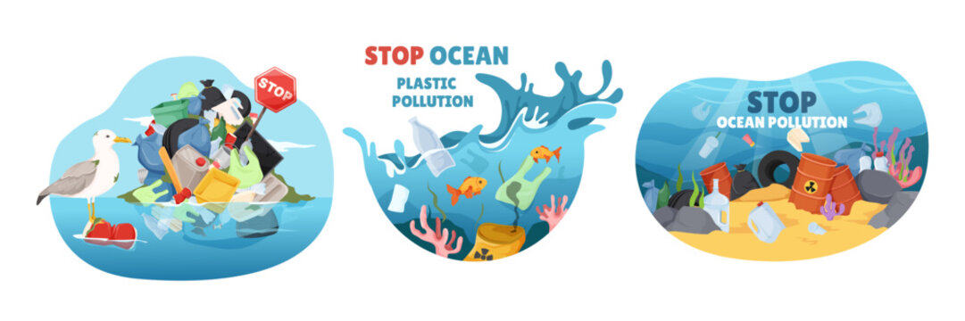 Ocean pollution set showing plastic waste in cartoon style on blue background as environmental harm concept. Vector illustration