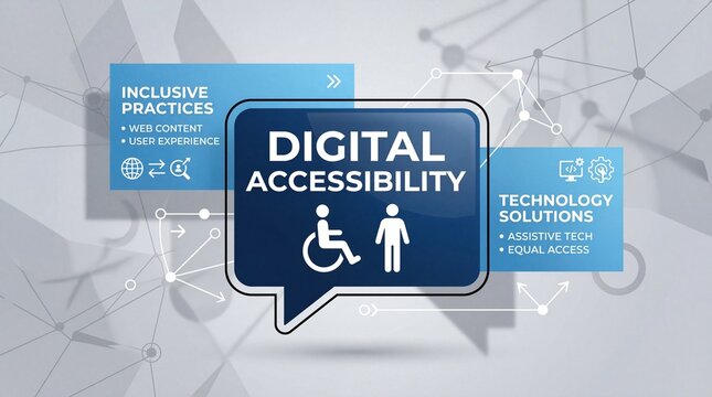 A digital illustration promoting digital accessibility with a speech bubble and icons on a grey background