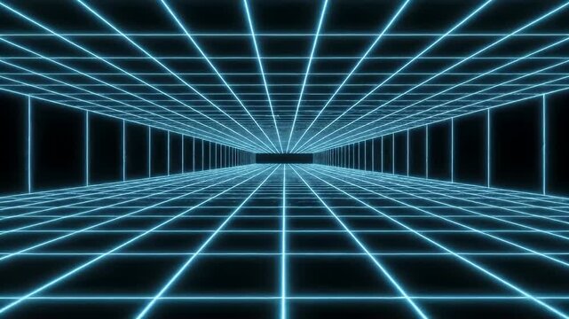 Abstract blue glowing grid in futuristic digital tunnel