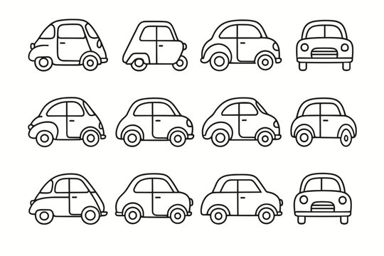 Retro Pastel Microcars Icons. Retro pastel microcars. Line outline icon set of Retro pastel microcars: bubble