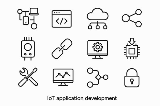 IoT Icon Grid. IoT application development. Line outline icon set of IoT application development: connected