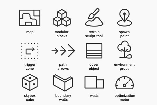 VR Design Icon Set. VR level design. Line outline icon set of VR level design: map layout, modular blocks,