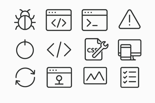 Front-End Debugging Icons. Front-end debugging. Line outline icon set of Front-end debugging: bug icon,