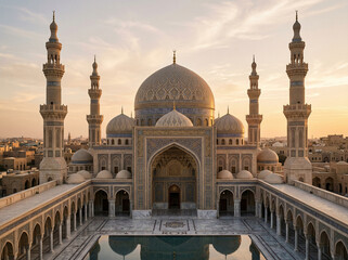 Obraz premium Magnificent architectural masterpiece of spiritual devotion, an iconic mosque gleaming under the tranquil glow of a golden sunset, reflecting timeless beauty in serene waters