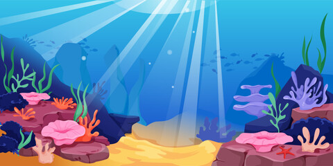 Colorful ocean corals and plants in flat style on deep blue background, concept of underwater life. Vector illustration © GN.STUDIO