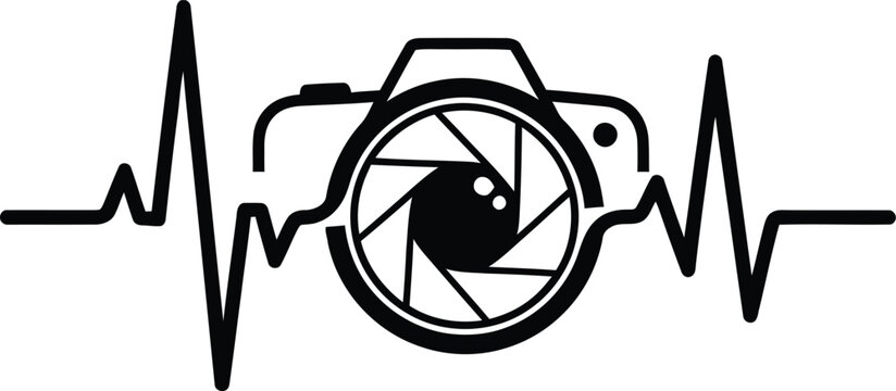 Creative Photography Heartbeat Logo with Camera Lens and EKG Pulse Line Vector Illustration
