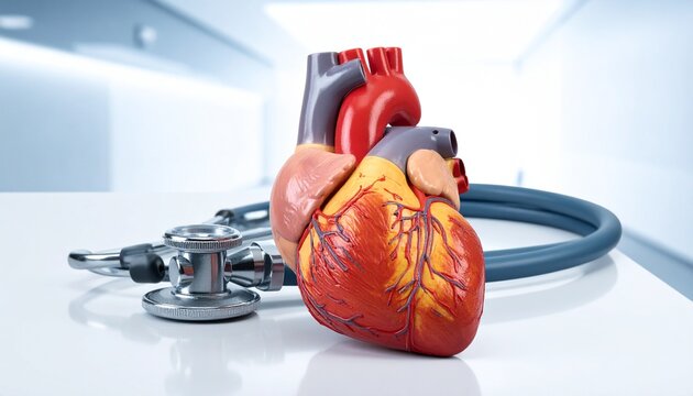 A medical anatomical digital illustration of a realistic human heart model placed on a flat surface. The heart is depicted in vivid detail, showing veins, arteries, and a textured organic surface. Beh