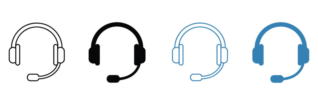 Call center icon set multiple style, customer support and communication symbols, headset operator icons, help desk and service elements in outline flat and filled