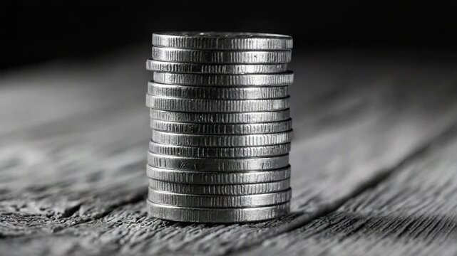 Monochrome stack of metal coins on rustic wooden surface financial concept