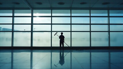 Fototapeta premium Wide shot silhouette of a worker standing in a blue industrial hall with rows of windows and atmospheric light cinematic architectural for maintenance service