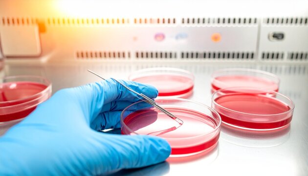 A scientific medical digital illustration of several petri dishes containing red-colored culture media, illuminated by warm light reflections. A gloved hand holds a metal inoculating loop, touching th