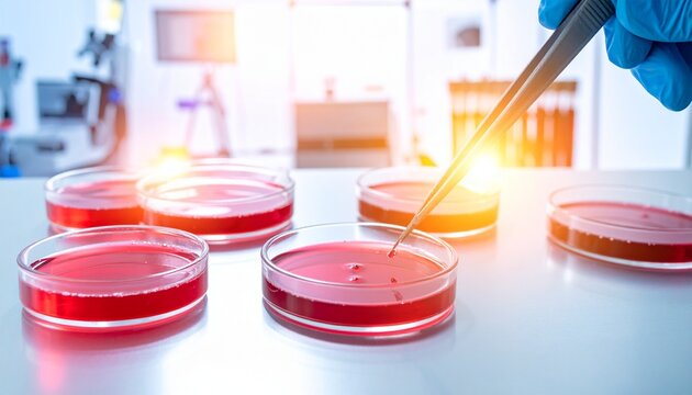A scientific medical digital illustration of several petri dishes containing red-colored culture media, illuminated by warm light reflections. A gloved hand holds a metal inoculating loop, touching th
