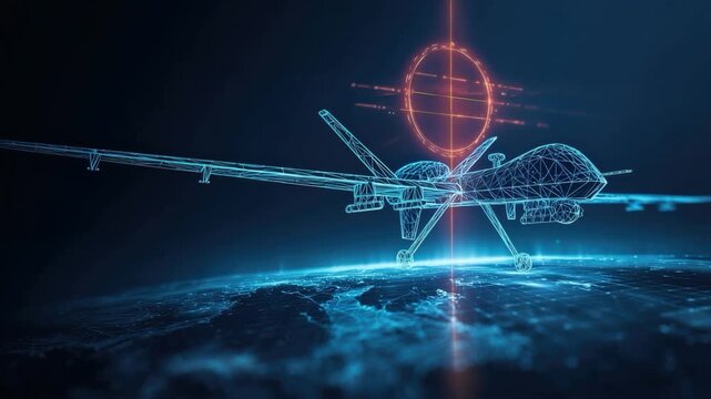Modern military drone poised in a high-tech digital environment, symbolizing advanced technology and surveillance capabilities. ..Created with Generative AI, not depicting real subjects.