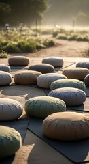 Obraz premium Outdoor yoga meditation cushions arranged on mats in a serene park setting with morning mist and soft sunlight creating a peaceful atmosphere for wellness and mindfulness practice