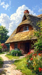 Fototapeta premium A serene cottage with a thatched roof surrounded by vibrant flowers