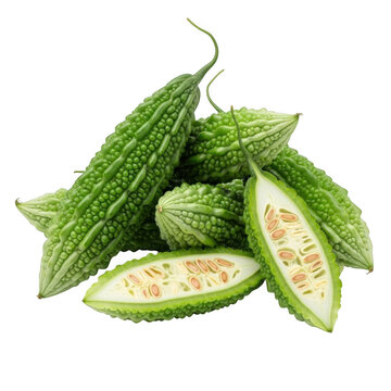 Fresh bitter melon gourds whole and halved showcasing their textured skin on transparent background