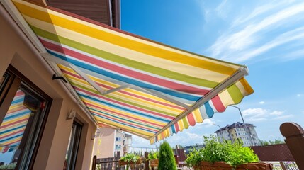 Obraz premium Colorful Awning Perspective with Blue Sky and Urban Background