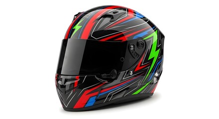 Fototapeta premium Stylish full-face motorcycle helmet with vibrant racing-inspired design patterns