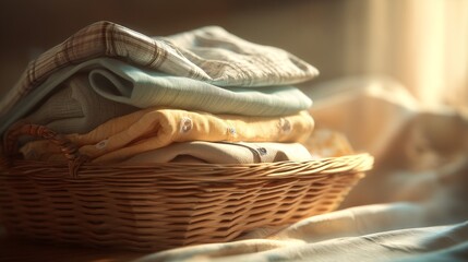 Obraz premium Neatly Folded Clothes in a Wicker Basket on a Sunny Day Scene