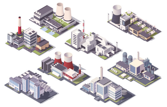 Multiple isometric factory structures in clean graphic style on white background, representing modern industrial production concepts. Vector illustration