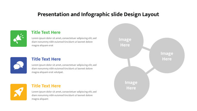 Infographic slide layout showing three detailed points with icons and interconnected image placeholders