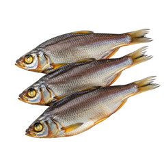 Fototapeta premium Three dried river fish arranged diagonally showcasing texture and detail on transparent background