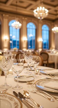 Elegant formal dining table setting with crystal glasses and silverware ready for a special event or celebration dinner