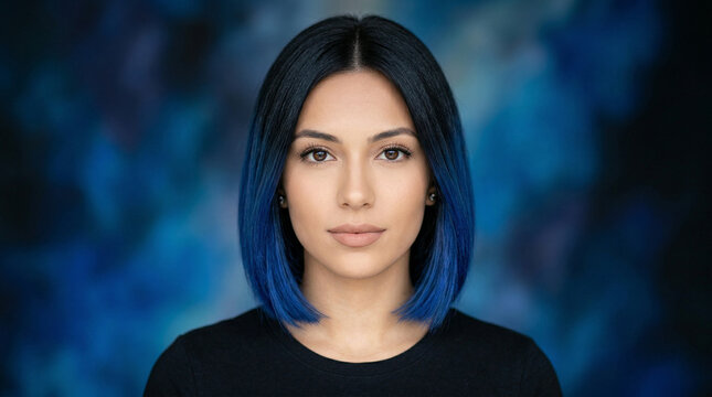 Portrait of a young woman with black and blue hair